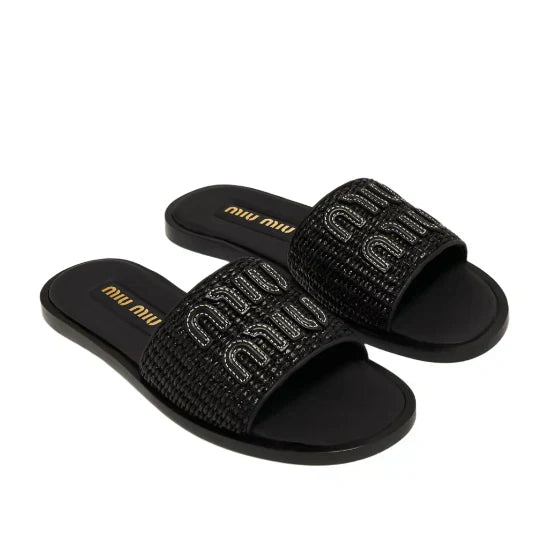 Miu Miu Raffia Logo Flat Slide Sandals black - Image 3