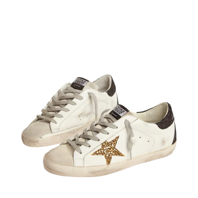 Goldengoose Women's Super-Star in nappa leather with gold glitter star and black glitter heel tab