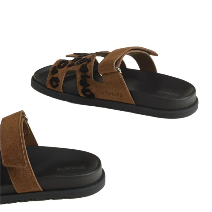 Hermes Suede Goatskin Tufted Leopard Womens Chypre Sandals Brun Fume Black